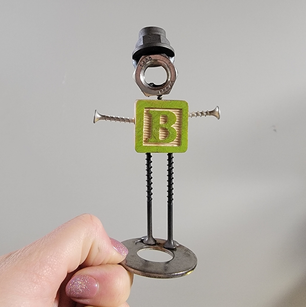 Small Quirky Metal Robot Figurine with Green Block B